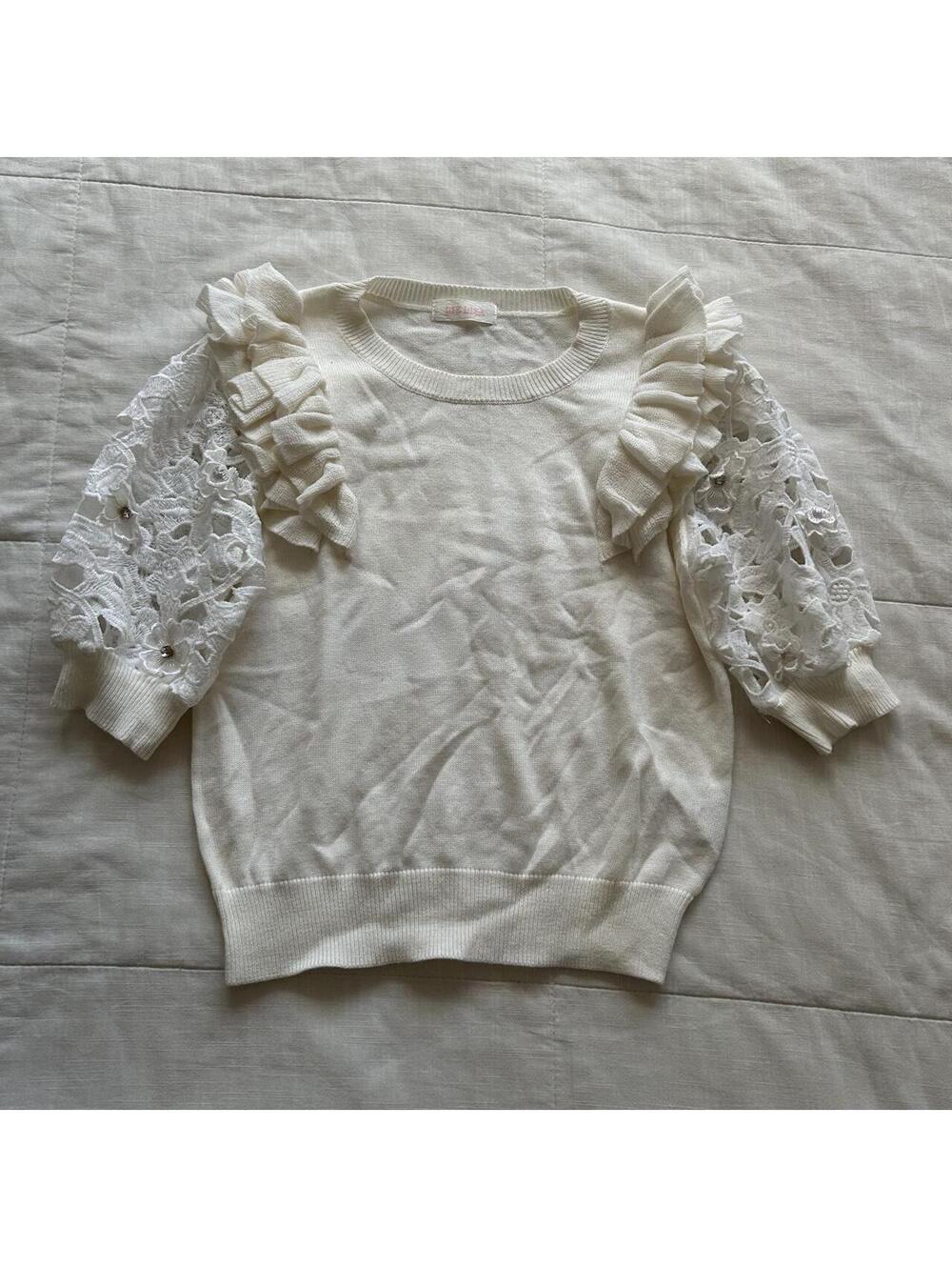 Liz Lisa Ivory White Floral Crochet Lace Sleeve Ruffle Knit Sweater Top S Japan